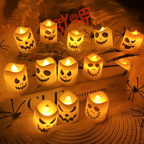 12 Stück Halloween Licht LED Teelichter, Deko Halloween Laterne Flammenlose Teelichtkerzen mit Geisterausdruck, Halloween LED Votivkerzen,Kürbis Windlicht, Halloween Beleuchtung Outdoor Indoor (B)