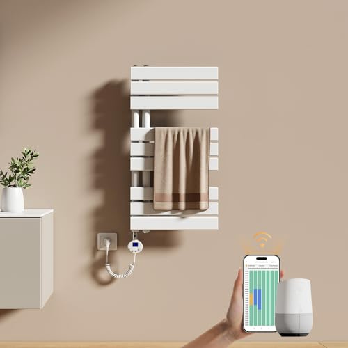 EMKE Sèche-Serviettes Électrique avec WiFi Thermostat 76 x 40 cm Blanc | Sèche-Serviettes Électrique avec Support De Serviette Inclus Résistance Chauffante avec Minuterie, 400 Watt
