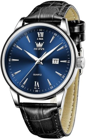 OLEVS Schwarz Herren Uhr Lederarmband Mode Business Kleid Herren Armbanduhren mit Datumsanzeige Klassische Quarz Herrenuhren Wasserdicht Leuchtend Analog Uhr Männer Großes Blau Zifferblatt Geschenke