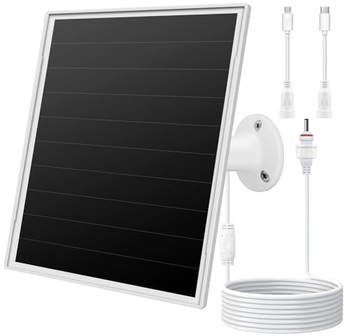 Chargeur de panneau solaire 8W pour caméras de sécurité extérieures. Ports Micro USB/USB - C & DC (3,5×13,5 mm), compatible avec eufy, wyze, Ring. Système de stabilisation pour protéger la batterie.