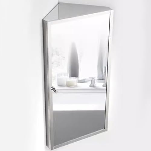 TWHZSAI Dreieckiger Eckschrank für das Badezimmer aus Edelstahl mit Spiegel, an der Wand montierter Schminkspiegel (65 x 35 cm)