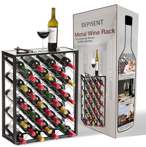 EPISENT | 32 Bottle Wine Rack | Free Standing | Black Metal Wine Rack | Stand for Bottle Storage Contemporary Black Powder Coated Design (32 BOTTLE WINE RACK, 𝟕𝟏.𝟓𝐜𝐦 𝐗 𝟐𝟎𝐜𝐦 𝐗 𝟓𝟑𝐜𝐦)