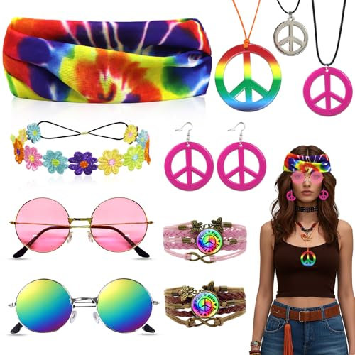 11 Stück Hippie Kostüm Accessoires Herren Damen,60er 70er Jahre Accessoire mit Peace Halskette Ohrringe Brille Stirnband Armbänder,Retro Hippie Accessoires für Fasching Karneval Motto Party