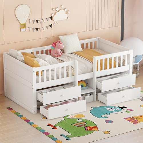 Halbhochbett Kinderbett mit 4 Schubladen & Rausfallschutz, Babybett Hochbett für Jungen & Mädchen, Kiefernholz Beistellbett mit Lattenrost, 90x200 cm (Weiß, 90x200)