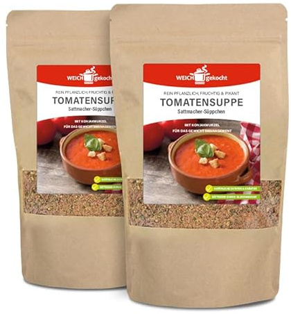 WEICHGEKOCHT Pikante Tomatensuppe 500g - das Sattmacher-Süppchen, sättigend durch Glucomannan, Tomatig, fruchtig & lecker, 50 Portionen a 20 gr, ohne Geschmacksverstärker, Farbstoffe & Glutamat