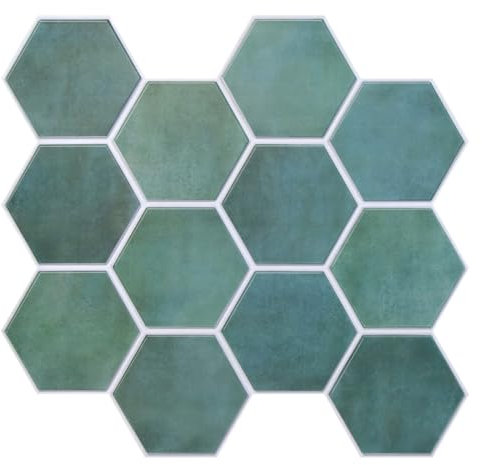 Commomy 3D Fliesenaufkleber Klebefliesen Küche Bad, Matt, 30 x 30 cm, 10 Stück, PVC Selbstklebend Fliesen Metro Küchenrückwand Wandfliesen(Patina Green Hexagon)