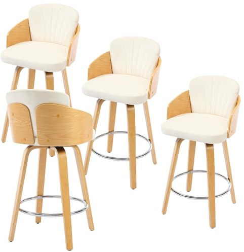 chairus Barstuhl 4er Set, Barhocker Samt Drehbar Küchenstühle im Muschelstil mit doppeltem Rückenpolster Thekenhocker Gebogene Holzbeine für Hausbar/Küche,Beige