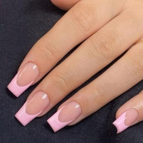 French Tip False Nails - French Square Press On Nails Short Medium - Nude Pink Coffin Fake Nails With Glue - Ballerina Acrylic Full Cover Stick On nails For Women Girls Daily Nail Art Gift Accessories