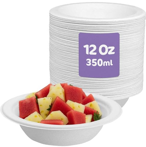 iSOUL Compostable Bagasse Disposable Bowl 350ml, 12oz Paper Soup Bowls for Milk Salads for Milk Salads, Soups Picnics BBQ Parties Rigid Salad Bowls Sugarcane Paper Bowl White 200 Pack