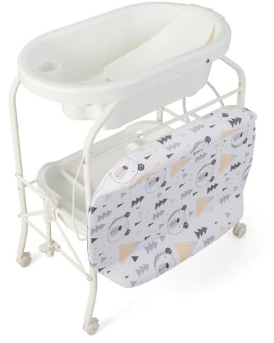 GOPLUS 4 en 1 Cambiador con Bañera, Cambiador de Pañales Plegable y Portátil con Bandeja de Almacenamiento y 4 Ruedas Universales con Frenos, para Bebés de 0-12 Meses, Carga hasta 35 kg (Blanco)