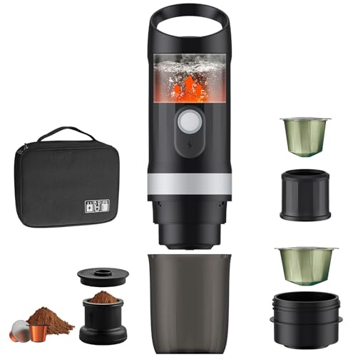 FUNYKICH Portable Coffee Maker with Outdoor Carrying Bag, Travel Car Portable Espresso Maker for Camping, Self-Heating with USB-C, Ground Coffee & Compatible for NS Capsule, for RV, Hiking, Office
