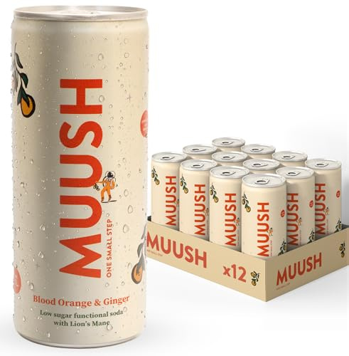 MUUSH Sparkling Drink | Blood Orange & Ginger with Lion’s Mane | Brain Boost, Gut Health, Natural Energy | Low Sugar, Vegan Functional Beverage with Naturally Sweetened | Low Calorie | 12 cans x 250ml