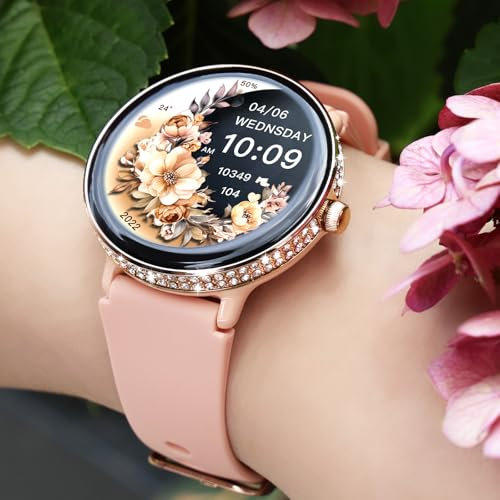 Smartwatch Donna con Diamanti, Effettua/Risposta Chiamate, 1.2 AMOLED Orologio Smartwatch 100+ Modalità Sportive Fitness Tracker with Cardiofrequenzimetro/Sonno/SpO2 IP68 Impermeabile per Android iOS