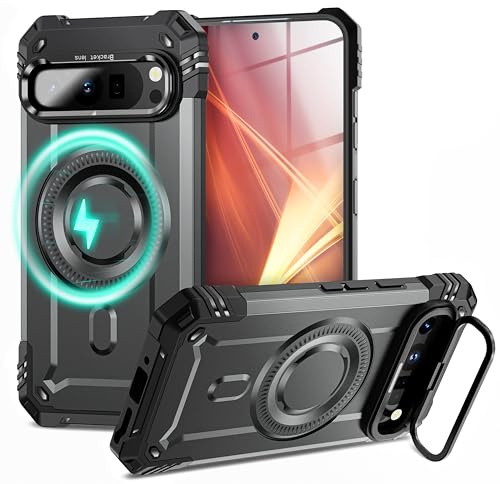 NALIA Magnetische Panzerhülle für Google Pixel 9 Pro XL - Hülle, Sturmgrau | Massiver Metallrahmen um die Linsen, Texturierte Griffseiten, Federnder Hybrid-Kern, Direkte Druckpunkte, GRANITE