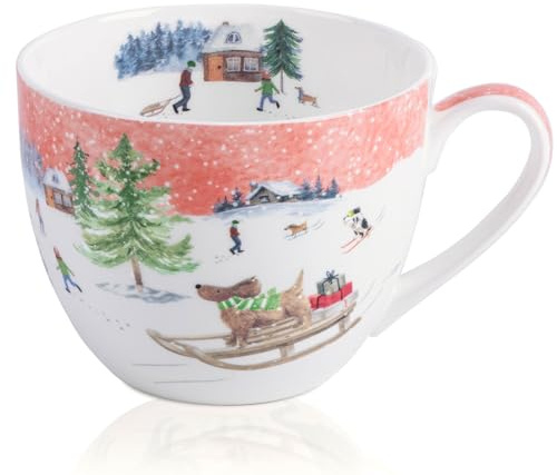 MFoffice Christmas Sled Dog Mug - 20 oz Bone China Coffee Tea Hug Mug with Pink Winter Sky & Snow Trees, Holiday and Christmas Gift for Friends & Family - Designed in England by Harvest Green Studio
