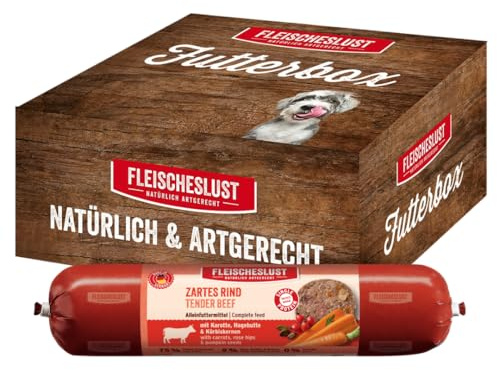 Fleischeslust Hundewurst | Zartes Rind mit Karotte, Hagebutte & Kürbiskernen | Futterbox (8x400g) | Nassfutter | schnittfest | getreidefrei | Alleinfuttermittel für ausgewachsene Hunde