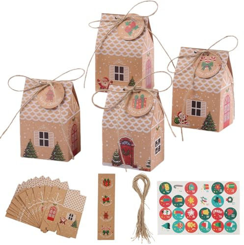 24 faltbare, braune Häuschen mit Zahlenaufklebern DIY Adventskalender Haus Set – und Kordel für Weihnachtsüberraschungen – Perfekt zum Befüllen mit Süßigkeiten, Geschenken und kleinen Überraschungen
