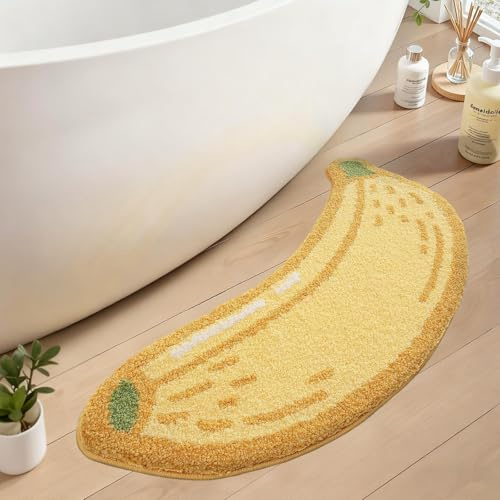 Jnidesier Fruit Non-Slip Bath Mat, Banana Bathroom Decor Area Rug, Soft & Absorbent Plush Coral Fabric, Washable Bathroom Rug, 18.5 x 39.4, Yellow