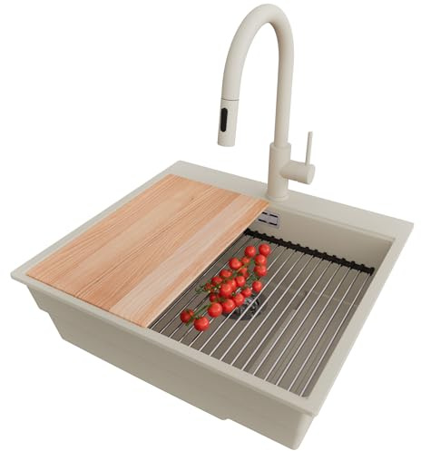 PRIMAGRAN Granitspüle ab 60er Unterschrank + Küchenarmatur, 58x53cm | Set: Küchenarmatur BW9010 + Ablauf-Set (Siphon, Ablaufgarnitur, Überlauf) + Spülbecken 1 Becken - Oslo Max Step, Beige