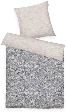 Tom Tailor Soft-Renforcé-Bettwäsche, 80x80 cm + 135x200 cm, 100% Baumwolle/Renforcé, mit Reißverschluss, Waves Beige, Dunkelblau, Weiß (Dark Navy & Sunny Sand & Off White)