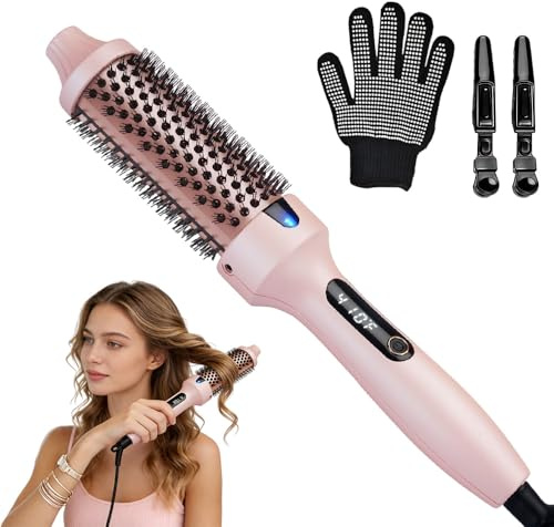 SGZIOO Thermal Brush, 38mm Thermobürste, Lonische Lockenbürste Reduziert Frizz, 3 in 1 Thermo Rundbürste, Thermo Bürste mit 6 Temperaturstufen für Alle Haartypen Geeignet, Dual-Spannung, Rosa