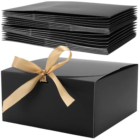 CHEUKYIU 20 Stück Geschenkboxen mit Deckel, 20 x 20 x 10 cm Schwarz Geschenkbox, Kraftpapier Luxus Präsentboxen mit Goldener Schleife, Für Geburtstag Hochzeit Weihnachten
