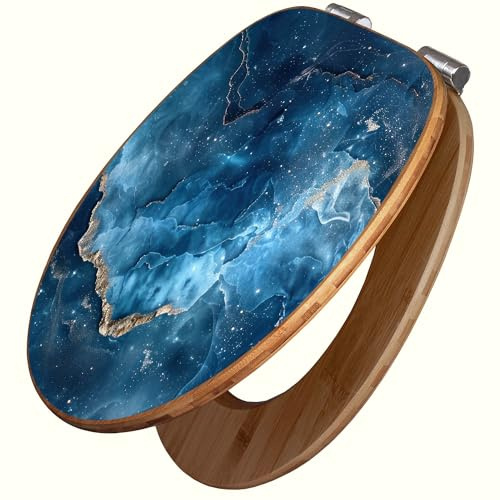 banjado Design WC Sitz Bambus Absenkautomatik 45,8x37,5cm - Toilettendeckel mit Absenkautomatik Holz - hochwertiger Bambus Klodeckel - WC-Sitz für gängigen Toiletten - Motiv Blauer Marmor mit Gold 1