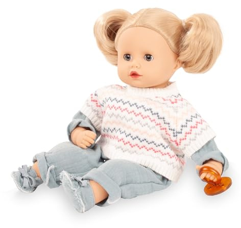 Götz 2620973 Muffin Zick Zack Puppe 33 cm Babypuppe Blaue Schlafaugen | 6-tlg, blonde Haare, Weichkörper, für Kinder ab 3 Jahren, frisierbar, waschbares Haar, mit Strickpullunder und Stoffschuhen