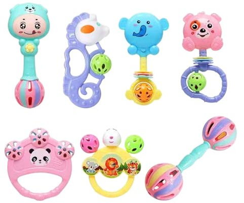 Grab Shake Rattle Sensory Teething Rattles, Developmental Music Toy Set, | 7X Soothers Rattles Teethers Stroller Toys Cartoon Interactive Learning Stocking Stuffers for Boy Girl Kids
