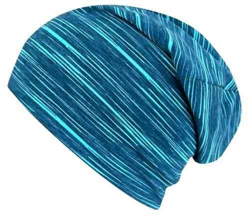 Wollhuhn ÖKO Jungen/Mädchen Bequeme Skater Long Beanie/Mütze/Beanie-Mütze/Strickmütze/Kinder-Mütze Jersey Gefüttert Übergangszeiten (Öko-Stoffe/Bio) 20150820 (Lines Petrol/Türkis, L)