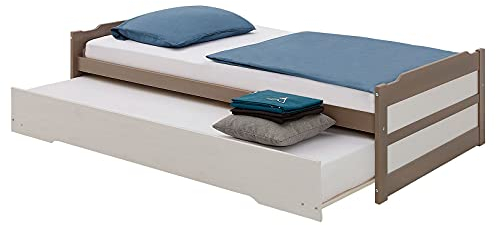 IDIMEX Ausziehbett Lorena in 90 x 190 cm, schönes Tagesbett aus Kiefer massiv in Taupe/weiß, praktisches Jugendbett mit Auszugskasten