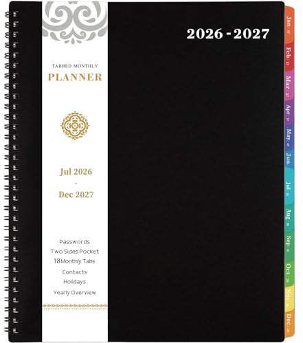 Monthly Planner 2026-2027 - JUL 2026 - DEC 2027 Planner/Calendar,18 Monthly Planner with Contacts & Passwords, 8.5 x 11 Planners 2026-2027, Colorful Tabs, Thick Paper, Black