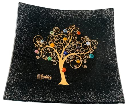 Sospiri Venezia Svuotatasche Albero della Vita in Vetro di Murano Murrine e Oro Idea Regalo Piatto Vassoio Decorativo Made Italy Portaoggetti Soprammobile Bomboniere Cerimonia 14x14 cm