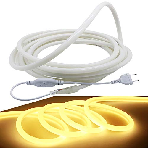 FOLGEMIR 10m Neon Seil Strip Rund, 360° Lumineszenz Warmweiß, LED flexibler Streifen ohne Lichtpunkte, 220V helle 2835 LED Band, IP65 wasserdicht für Garten Party Hochzeit Deko