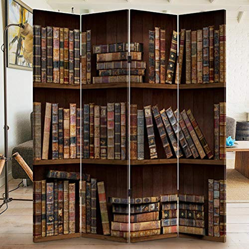 BAKAJI Paravent Raumteiler 4 Paneele Struktur aus Holz Bezug aus Leinwand mit Druck vorne Retro Bücherregal Antik Faltbar (180 x 160 cm)