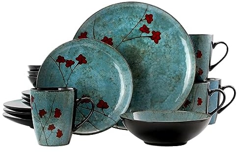 Elama Geschirr-Set aus Steingut, rund, Blumenmuster, 16-teilig, Blau mit roten Akzenten