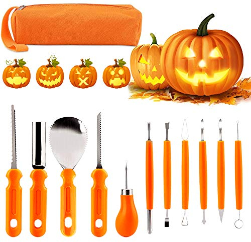 Jusduit Kürbis Schnitzset, 11 Stück Halloween Kürbis Schnitzwerkzeug,Edelstahl Kürbis Carving Set DIY Dekoration mit Tragetasche für Halloween Dekoration Erwachsene und Kinder