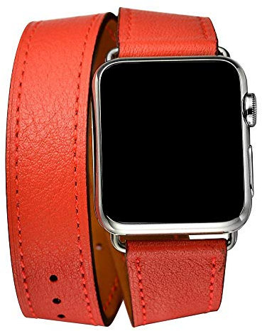 Cuir Bracelet Compatible avec Apple Watch Bracelet 38mm 40mm 41mm 42mm(Series 3) Femme Cuir véritable Double Tour Bracelets de Remplacement pour iwatch Series 10 9 8 7 6 5 4 3 SE - Rouge