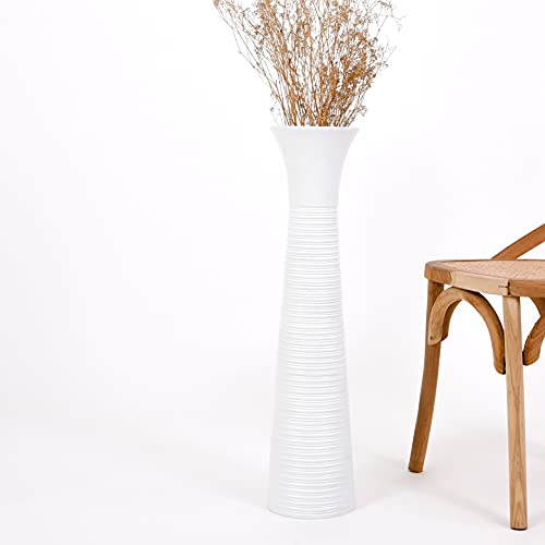 Leewadee Große Deko Bodenvase Für Dekozweige, Hohe Standvase Für Pampasgras, Design Holzvase, 65 cm, Weiß