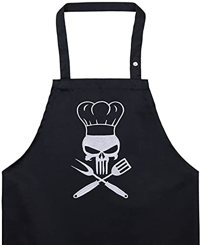 EXPRESS-STICKEREI TOTENKOPF Schürze für Männer/Damen mit Totenkopf-Motiv - SKULL Kochschürze verstellbar mit Tasche für Grillmeister Küchen-Schürze Herren Grillschürze BBQ Rocker Geschenk Grillfans