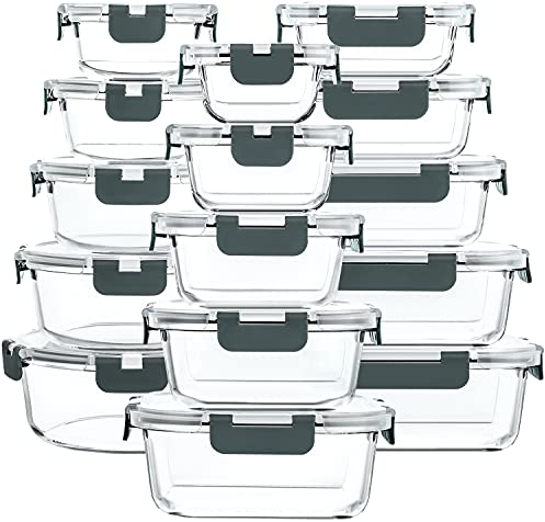 Ensemble de 30 articles conservation, boîtes alimentaires en verre avec couvercles à verrouillage rapide, conteneurs hermétiques pour la préparation des repas, passent au micro-ondes, four