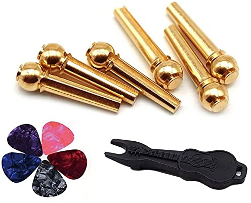 Alnicov 6 Stück Messing Gitarre Brücke Pins Endpin mit Brücke Pin Puller Remover & 5 Gitarrenplektren für Gitarre Bridge Pins Pegs Gitarrenparts