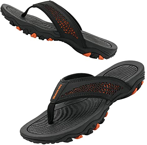 WateLves Herren Flip Flops Zehentrenner Leder mit Arch Support Sandalen Weich Leder Stoff Badelatschen Sommer Beach Rutschfest Hausschuhe Pantoletten(Schwarzorange,44 EU)