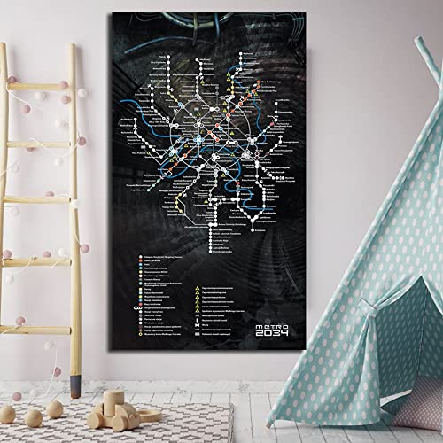 HWNU Wandkunst Metro 2033 Prag Karte Last Light Game Poster Kunstwerke Drucke auf Leinwand Gemälde Modernes Wandbild für Wohnzimmer Wohnkultur Rahmenlos 50x100cm