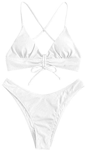 ZAFUL Zugezogen Gerippt Fest Schnüren Hoher Schnitt Brasilianisch Bikini Set Gepolstert Zwei Stücke Badeanzug Bademode für Damen (G-Weiß,S)