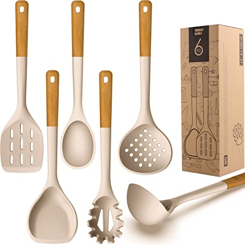 Grand ensemble d'ustensiles de cuisine en silicone – Ustensiles de cuisine en silicone résistant à la chaleur avec poignées en bois, ensemble de spatules pour ustensiles de cuisine antiadhésifs, sans