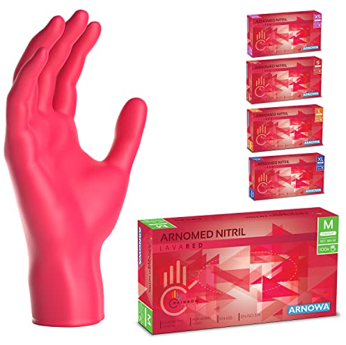 ARNOMED Einweghandschuhe Rot 100 Stück/Box, Nitrilhandschuhe M, Einmalhandschuhe, Handschuhe Einweg puderfrei, latexfreie Gummihandschuhe, Einweghandschuhe in XS, S, M, L & XL verfügbar