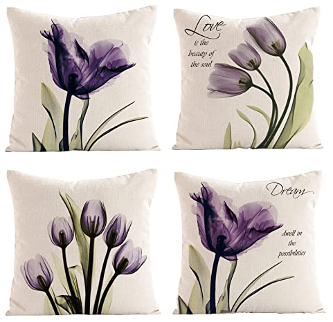 OCEUMACO Leinen Kissenbezug 50x50 Lila Blumen Muster Kissenhülle 4er Set Quadratisch Dekokissen Sofakissen Bezug für Couch Landhausstil Kissen Kissenbezüge Deko Zierkissen Couchkissen Outdoor