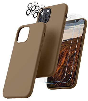 CALOOP 5 in 1 for iPhone 12 Pro Max Case 6.7,Liquid Silicone Case with 2 Pack Tempered Screen Protector + 2 Pack Camera Lens Protector,Slim Shockproof Phone Case with Microfiber Lining,Light Brown