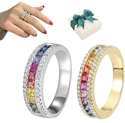 LAKEMON Diakiane Regenbogen-Turmalin-Spinni-Ring, Ewigkeits-Regenbogenring, Kristall-Quarz-Ring mit Geschenkbox (Silver+Gold)